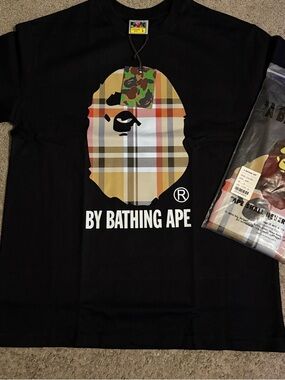 Bape Black Plaid Ape Head Tee with Camo Tag